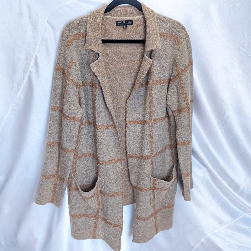 Joseph A French Beige Caramel Plaid Windowpane Plaid Collared Pocket Cardigan Lg